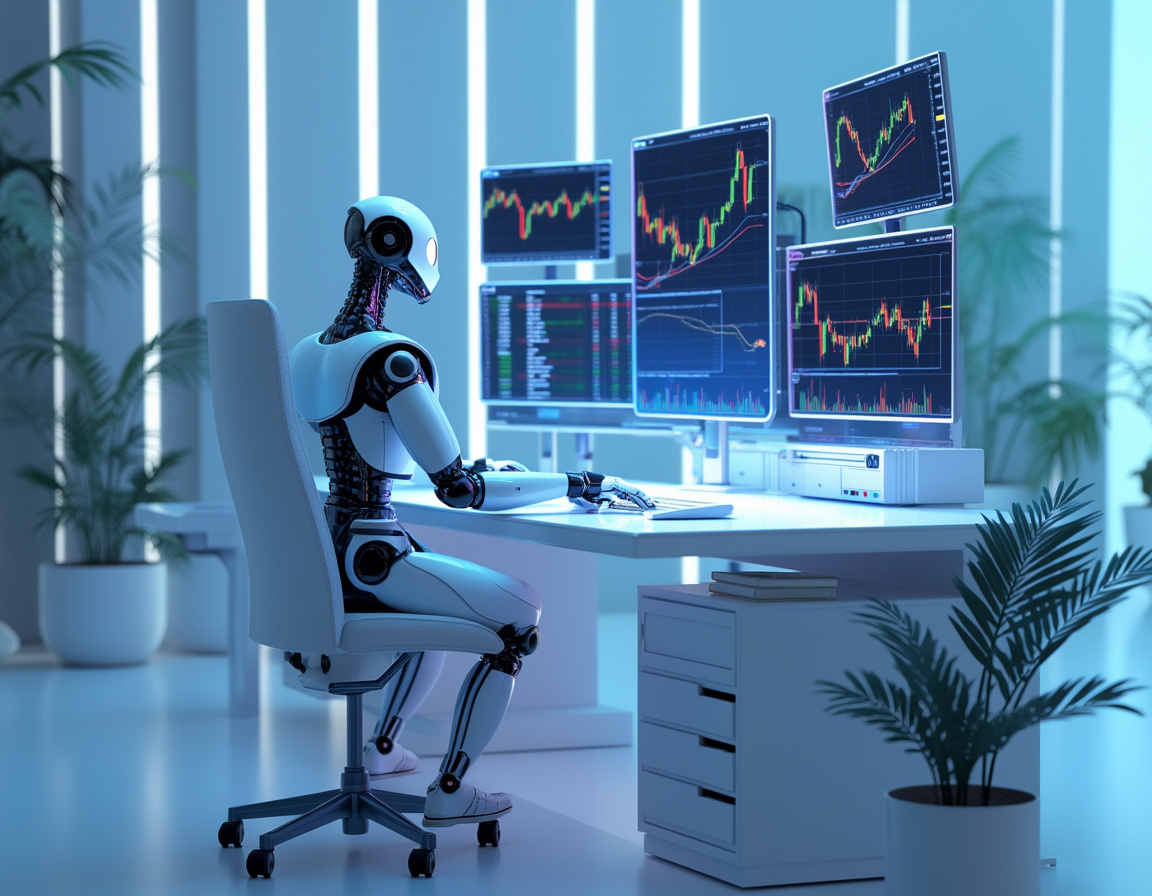 A hyper-realistic AI trading bot at a workstation, analyzing data across multiple market charts.