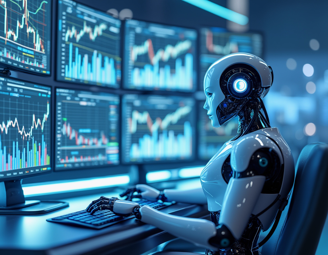 A humanoid AI trading bot at a sleek workstation, analyzing market data on multiple glowing screens.
