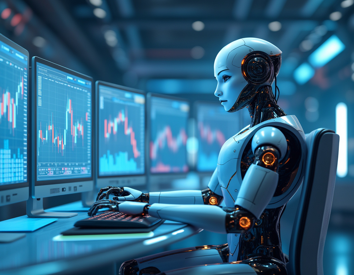 A humanoid AI trading bot analyzes market data at a high-tech workstation with glowing screens.