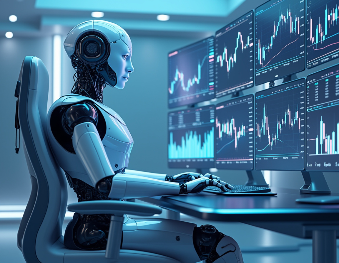 A humanoid AI trading bot analyzes market data at a high-tech workstation with multiple screens.