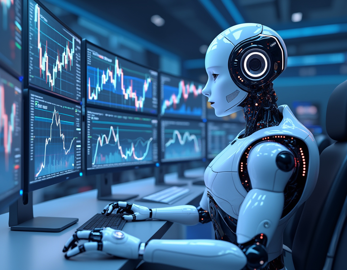A humanoid AI trading bot analyzes market data at a high-tech workstation, surrounded by screens.