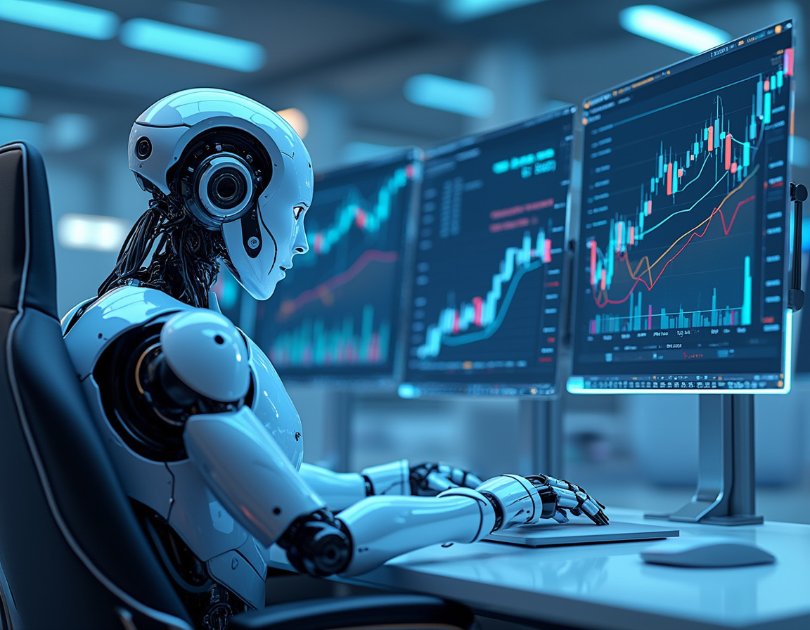 A humanoid AI trading bot analyzes multiple screens in a sleek, futuristic financial workspace.