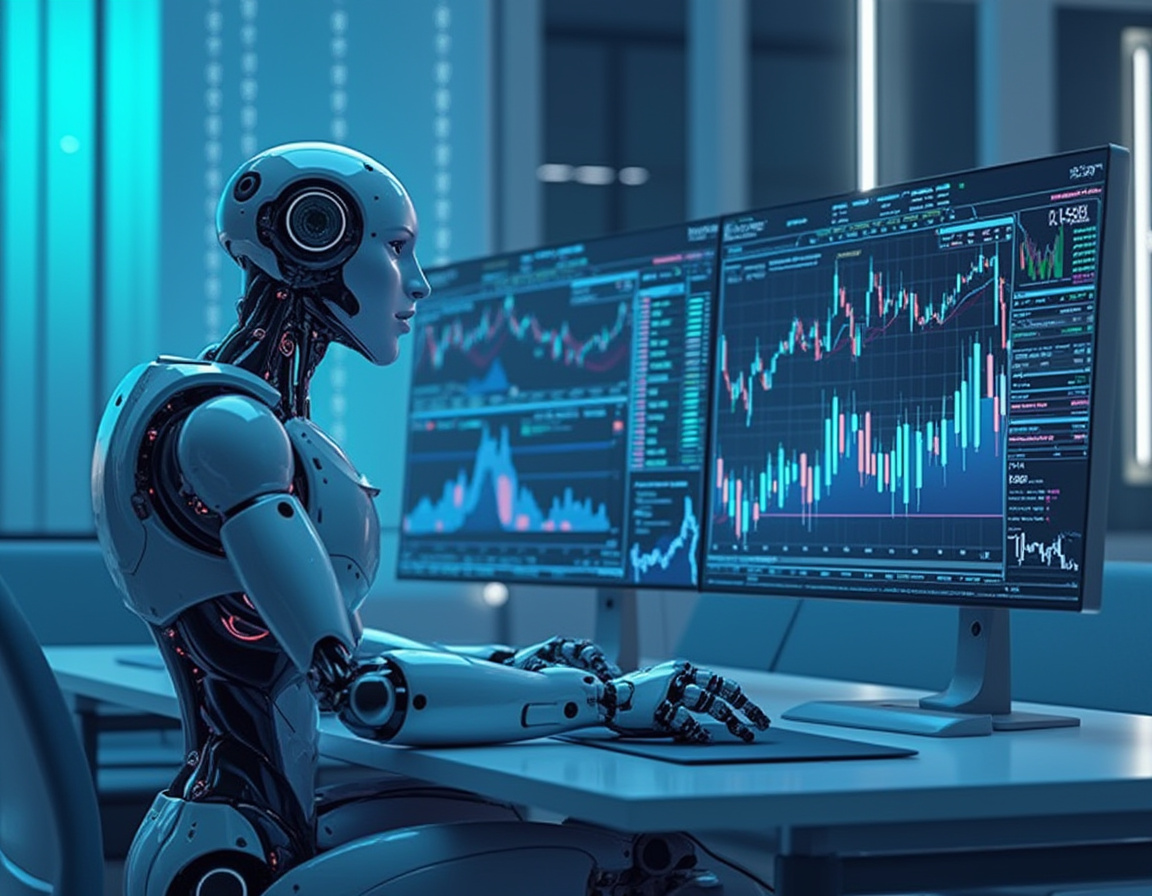 A humanoid AI trading bot at a high-tech workstation analyzing market data on multiple screens.
