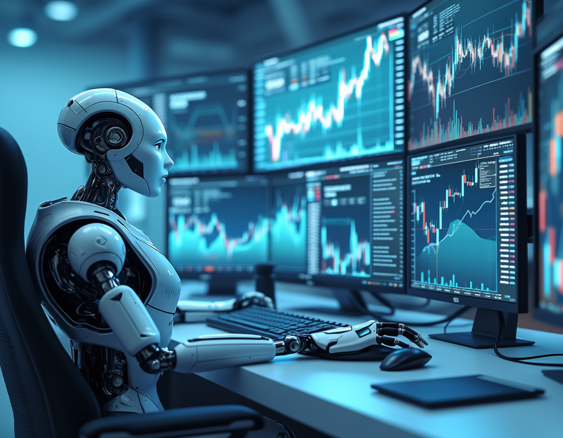 A futuristic AI trading bot analyzes market data at a high-tech workstation with multiple screens.