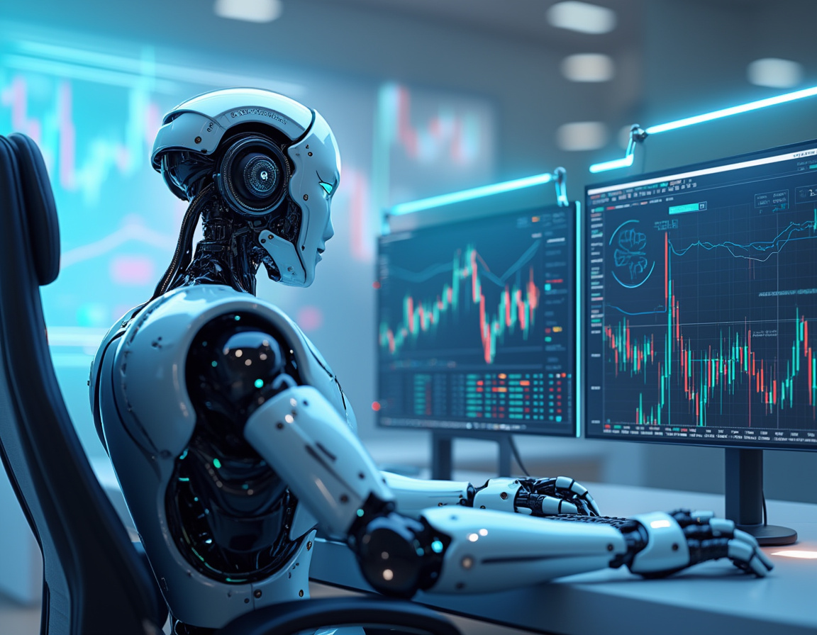 A humanoid AI trading bot analyzes market data at a futuristic workstation with glowing screens.