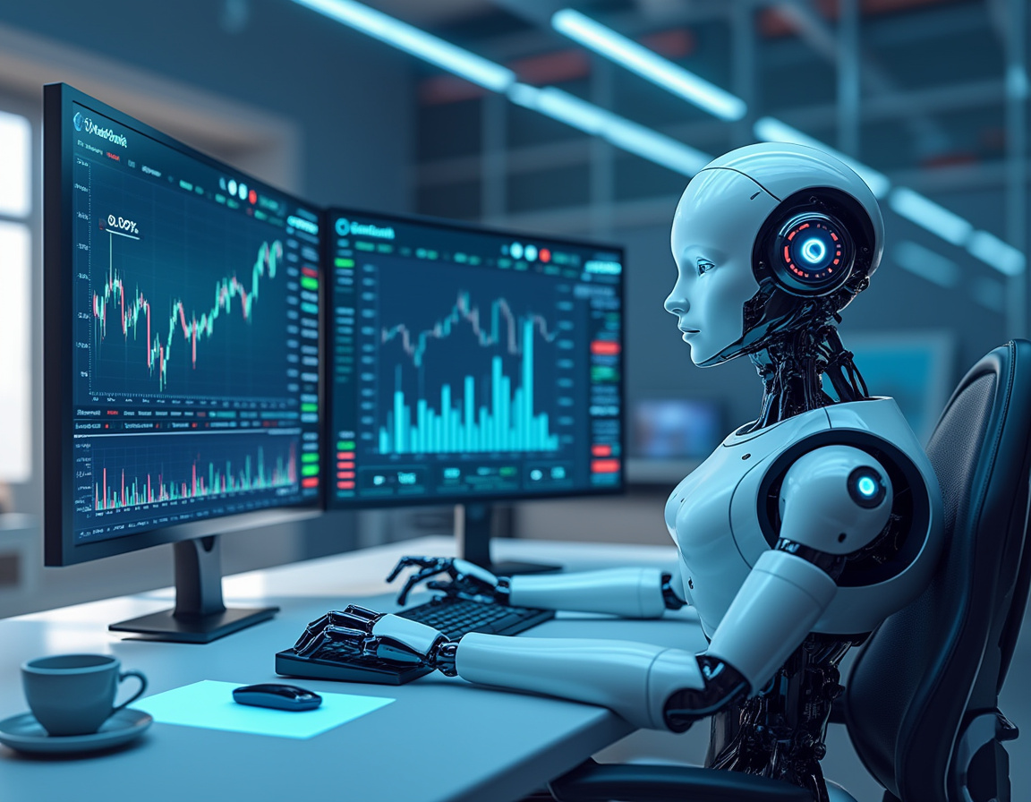 A humanoid AI trading bot at a high-tech workstation analyzing market data on multiple screens.