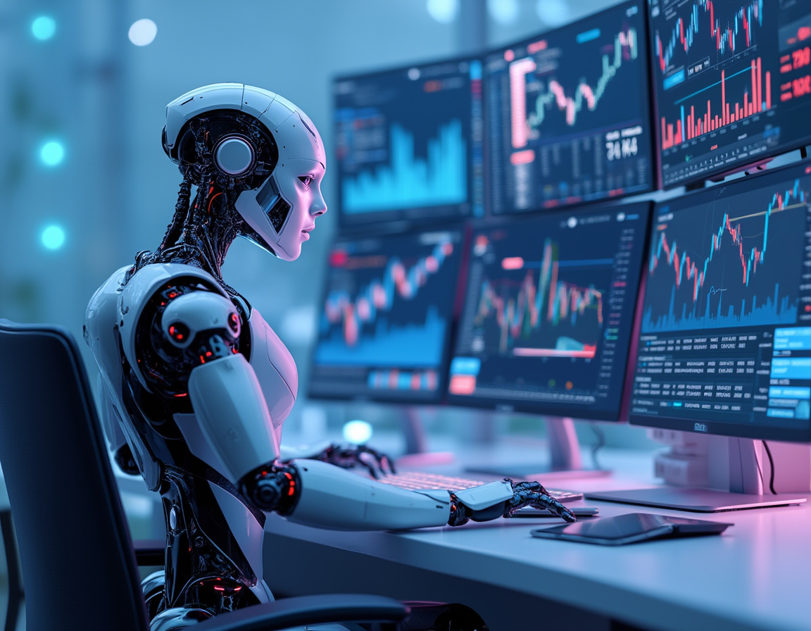 A hyper-realistic AI trading bot operates at a high-tech workstation, analyzing market data trends.