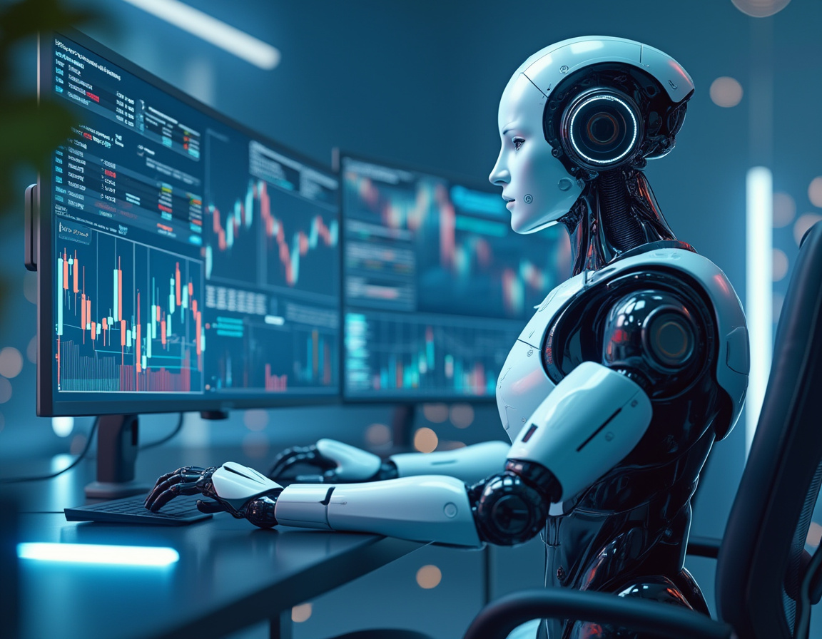 A hyper-realistic AI trading bot at a futuristic workstation analyzing crypto and stock market data.