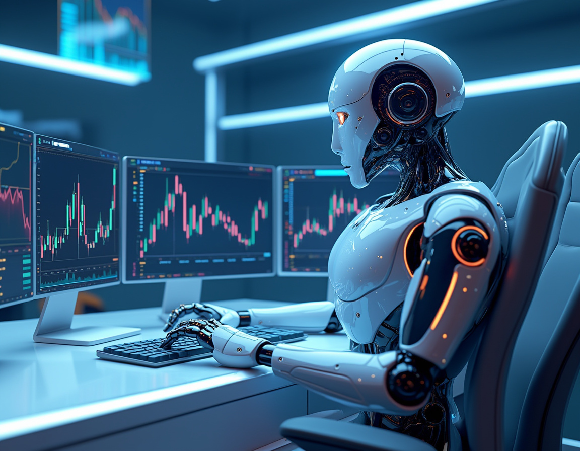 A sleek humanoid AI trading bot analyzes data at a high-tech workstation in a futuristic setting.