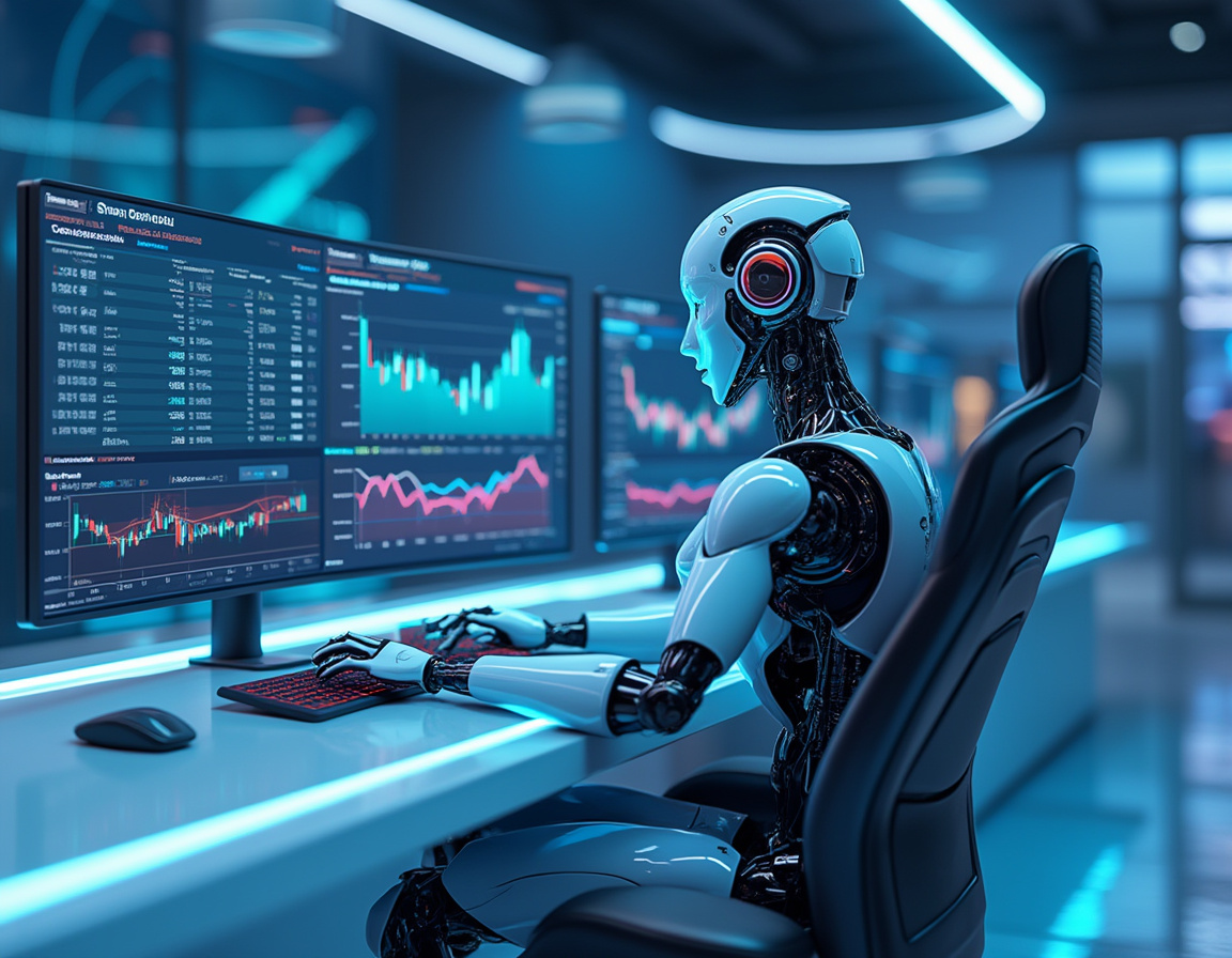 A hyper-realistic AI trading bot at a high-tech workstation analyzing stock and crypto market data.