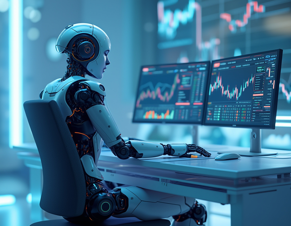 A humanoid AI trading bot at a high-tech workstation, analyzing market data across multiple screens.
