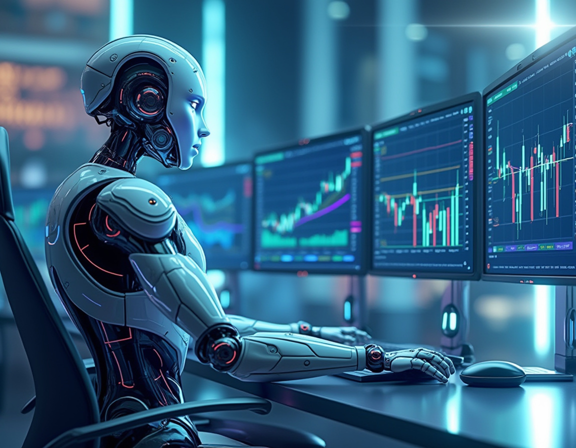 A hyper-realistic AI trading bot analyzes data at a high-tech workstation with glowing screens.