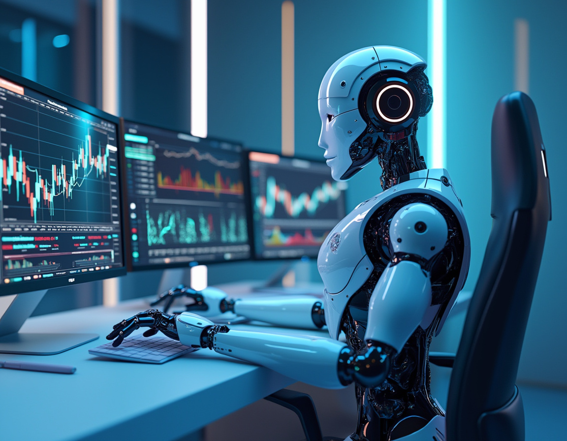 A humanoid AI trading bot seated at a sleek workstation analyzing market data on multiple screens.