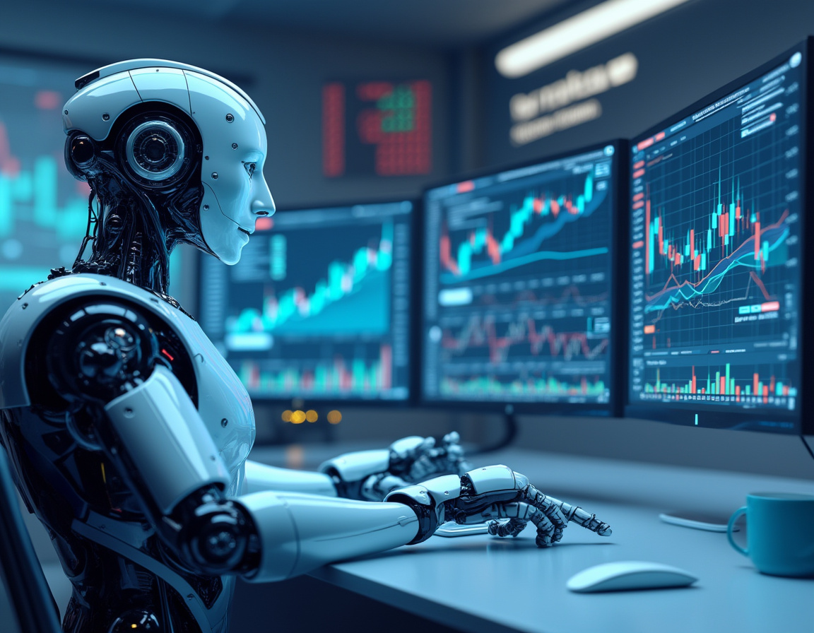 A humanoid AI trading bot at a high-tech workstation, analyzing market data across multiple screens.