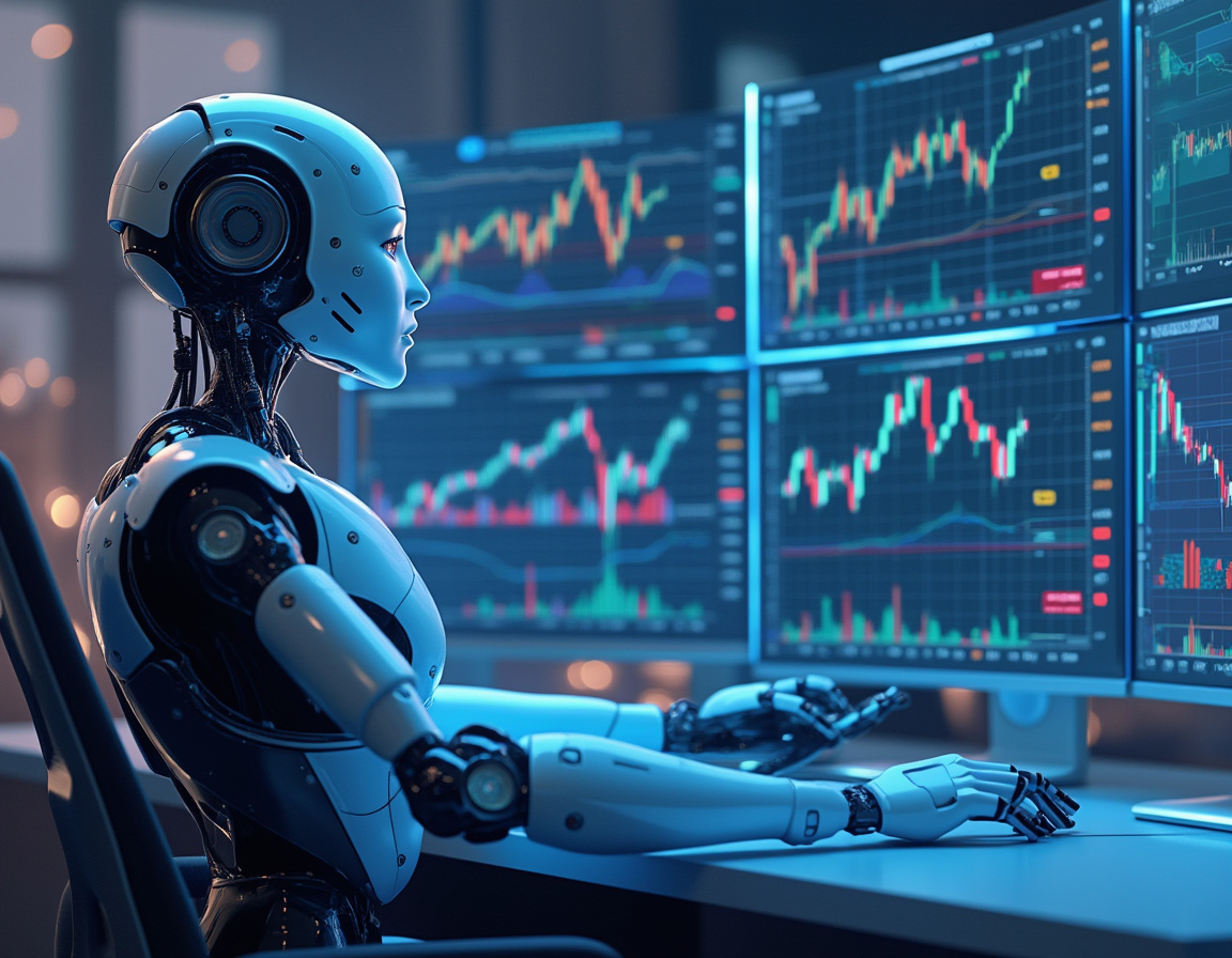 A hyper-realistic AI trading bot at a futuristic workstation analyzing stock and crypto market data.
