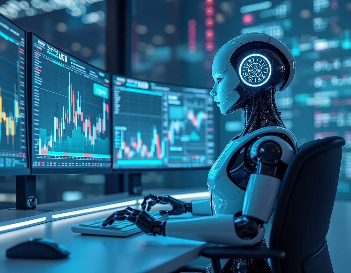 A sleek AI trading bot analyzes market data at a high-tech workstation with glowing screens.