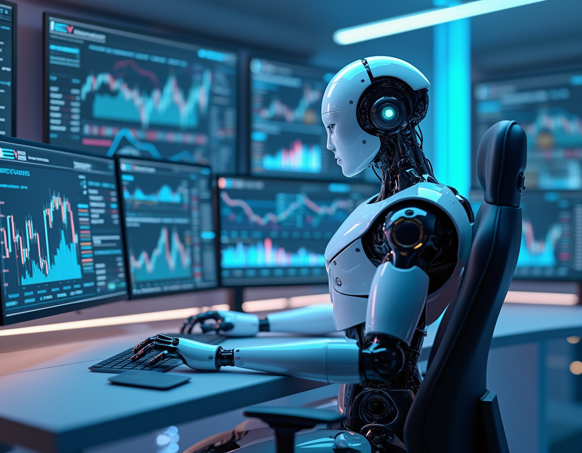 A humanoid AI trading bot at a high-tech workstation analyzing market data, with glowing screens.