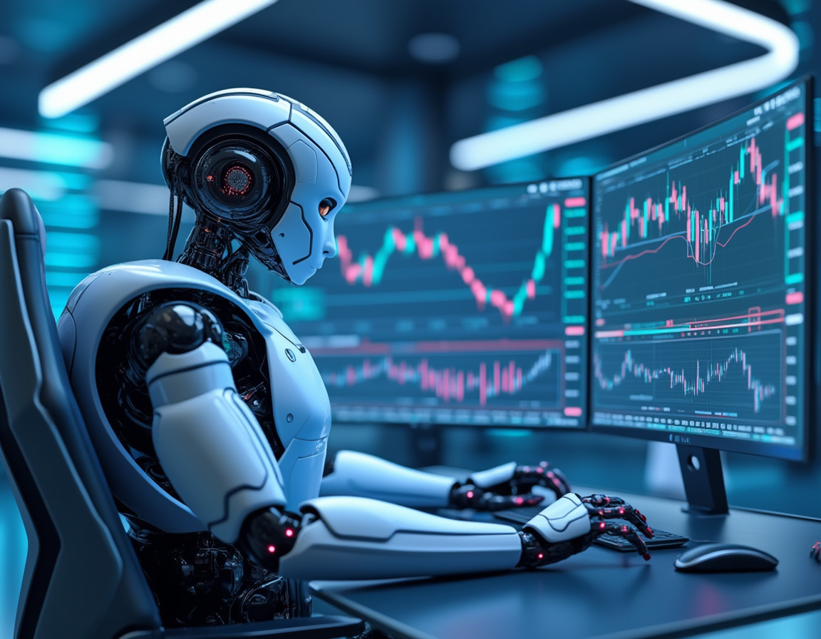 A hyper-realistic AI trading bot at a high-tech workstation, analyzing data on multiple screens.