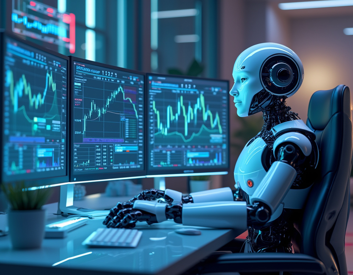 A humanoid AI trading bot at a high-tech workstation, analyzing market data with multiple screens.