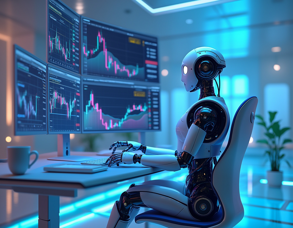 A hyper-realistic AI trading bot at a high-tech workstation analyzing crypto and stock market data.