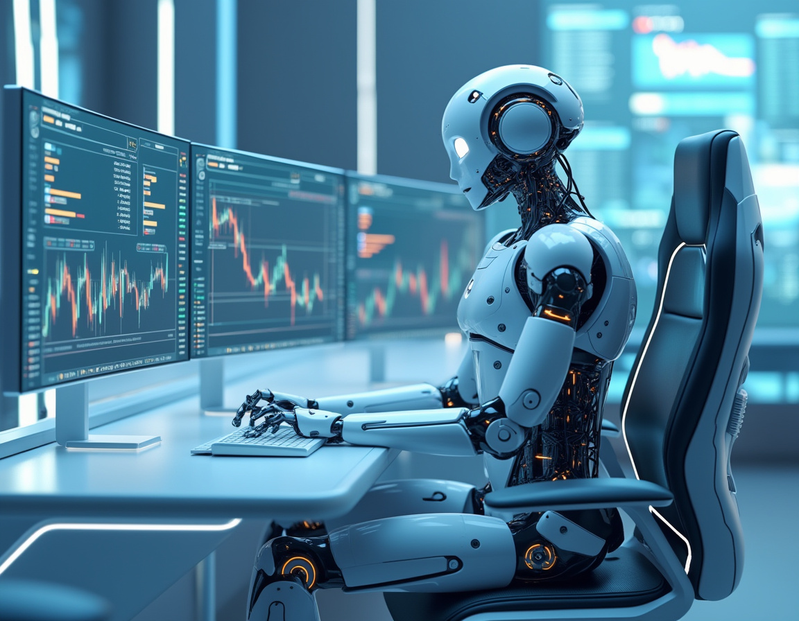 A humanoid AI trading bot analyzes market data at a high-tech workstation with vibrant screens.