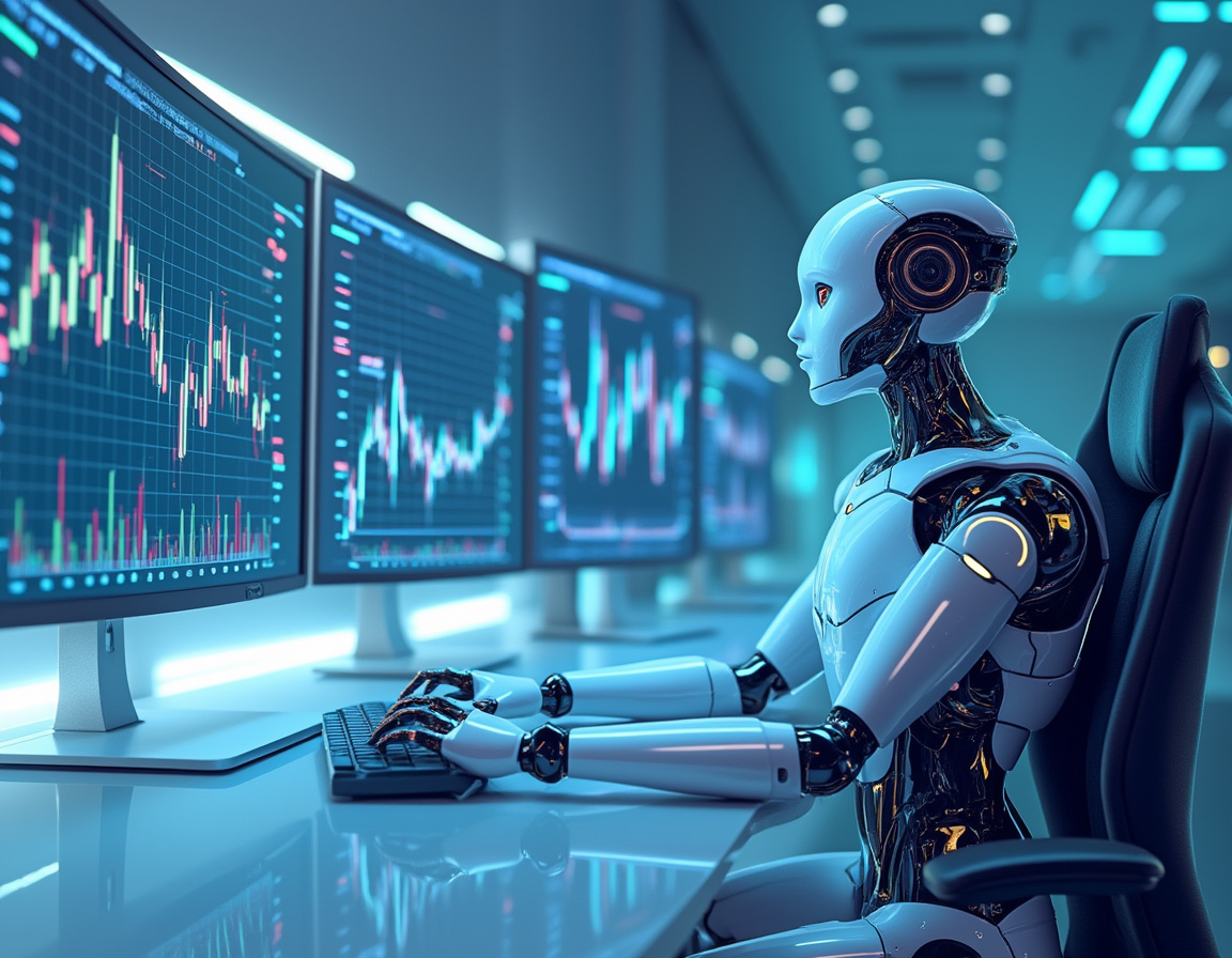 A humanoid AI trading bot analyzes market data at a sleek workstation with multiple finance screens.