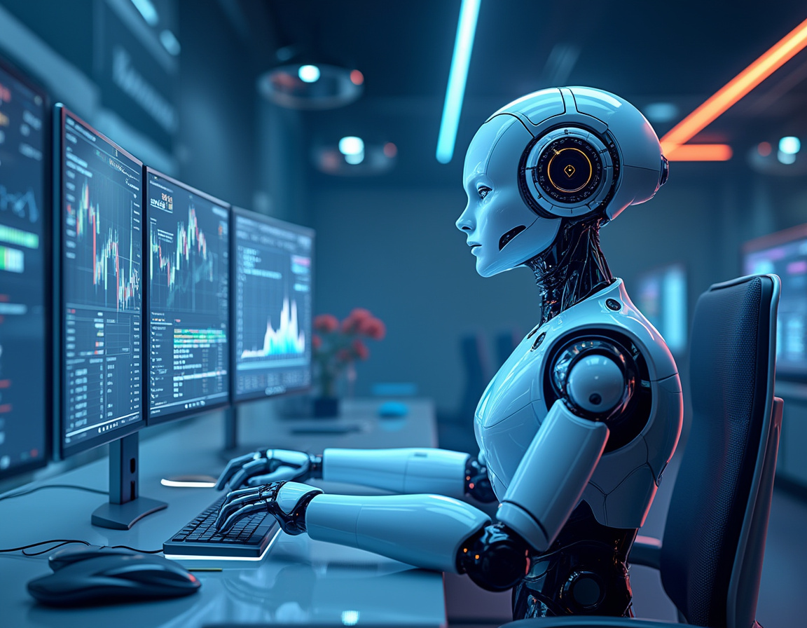 A detailed AI trading bot at a futuristic workstation analyzes data across multiple market screens.