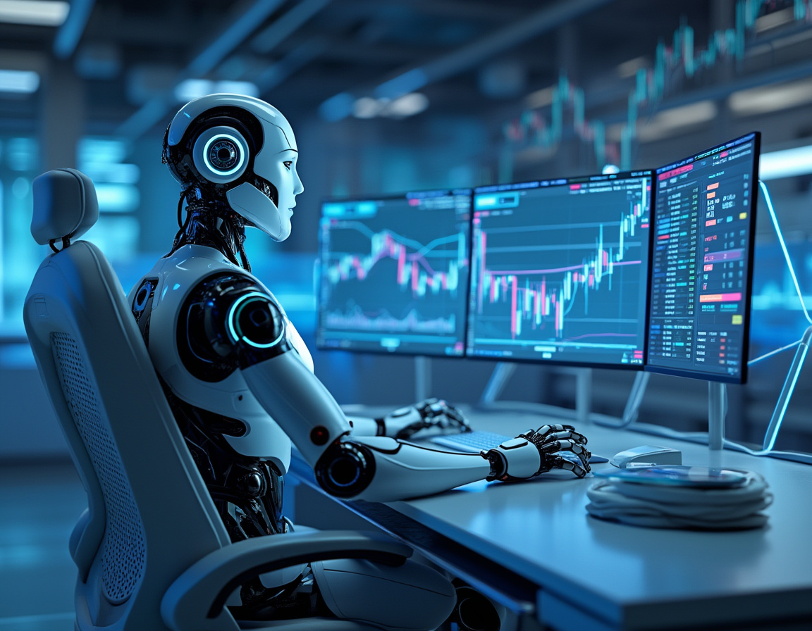 A hyper-realistic AI trading bot in a futuristic setting analyzes market data on multiple screens.