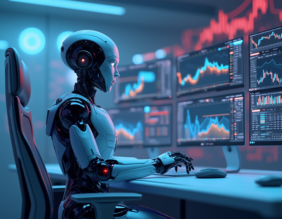 A hyper-realistic AI trading bot at a high-tech workstation analyzing markets on multiple screens.