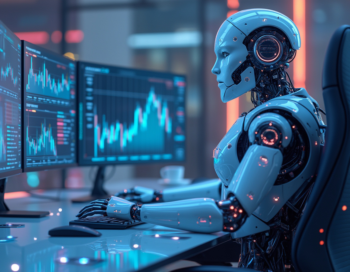 A hyper-realistic AI trading bot in a sleek workstation analyzing market data on multiple screens.