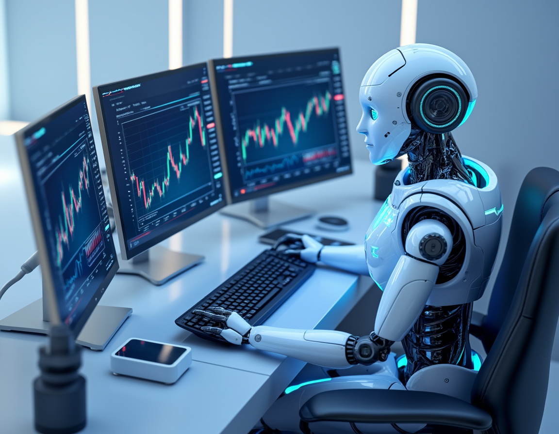 A hyper-realistic AI trading bot at a workstation analyzing market data on multiple screens in 3D.