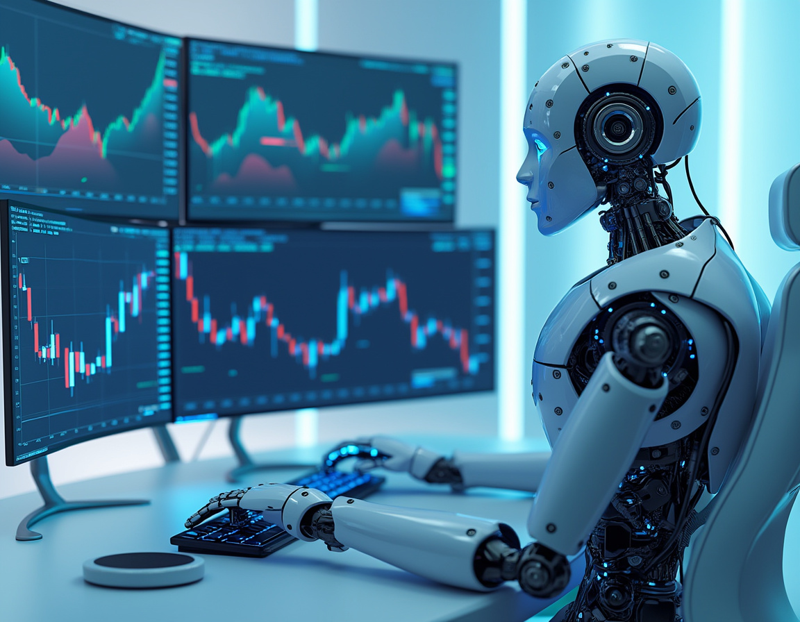 A hyper-realistic AI trading bot analyzes market data on multiple screens in a futuristic workspace.
