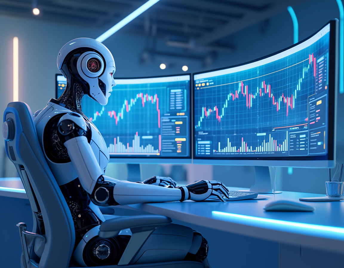A humanoid AI trading bot at a high-tech workstation analyzing market data on multiple screens.
