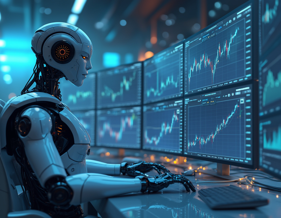 A hyper-realistic AI trading bot in a futuristic setting, analyzing market data on multiple screens.