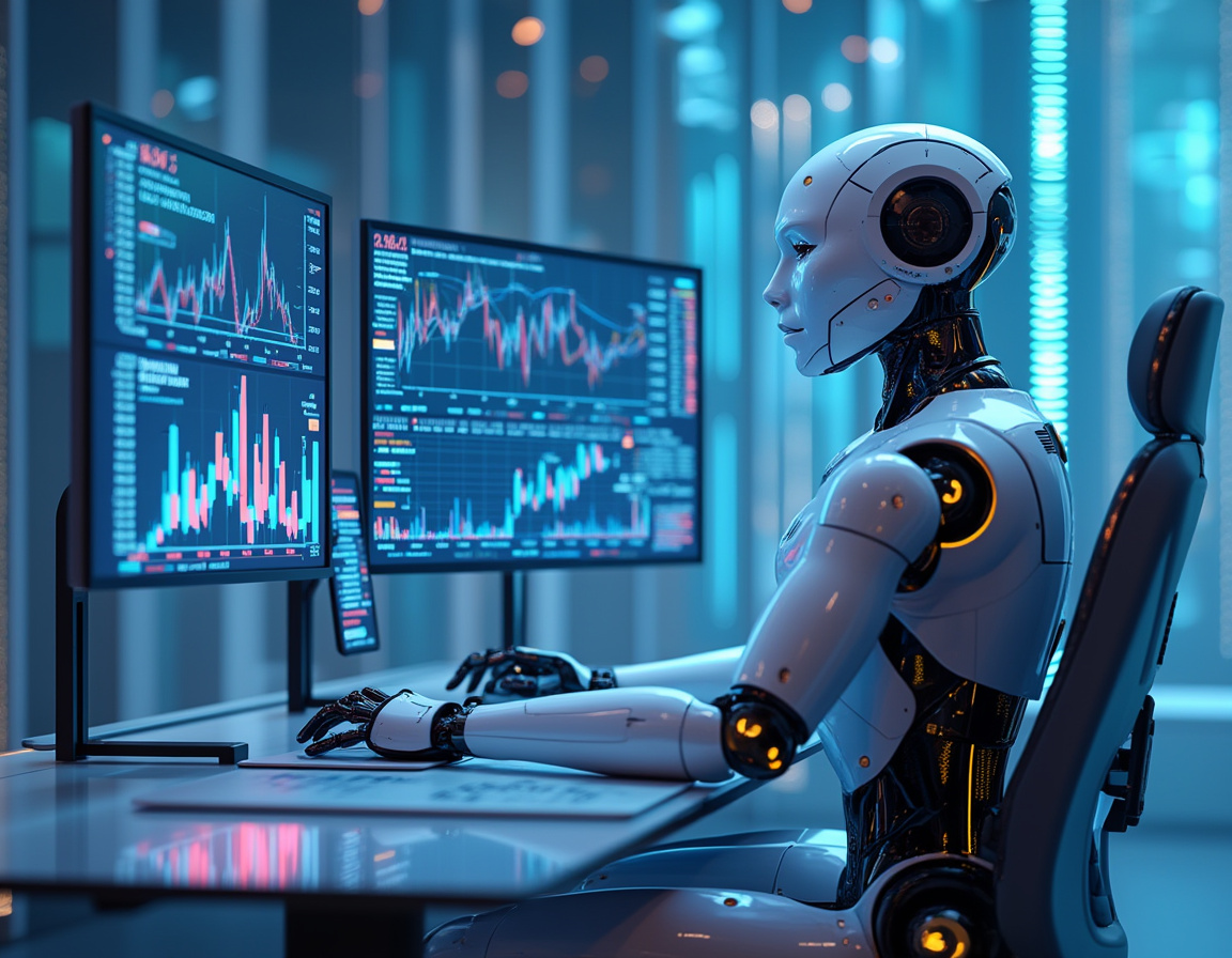 A humanoid AI trading bot at a high-tech workstation analyzing market data on multiple screens.