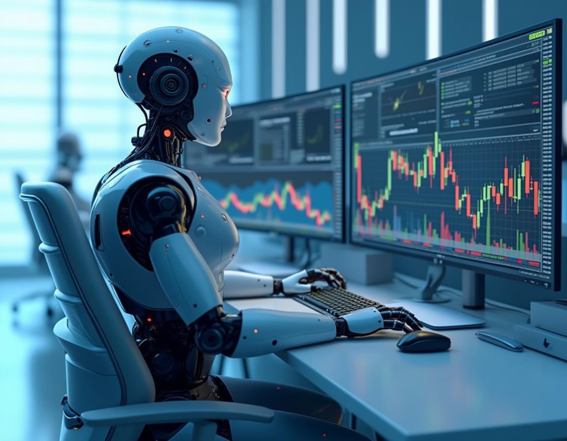A humanoid AI trading bot analyzes market data at a futuristic workstation with multiple screens.