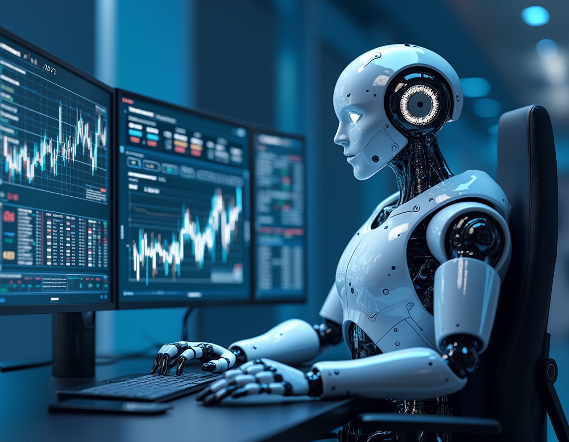 A sleek humanoid AI trading bot at a workstation, analyzing crypto market data on multiple screens.