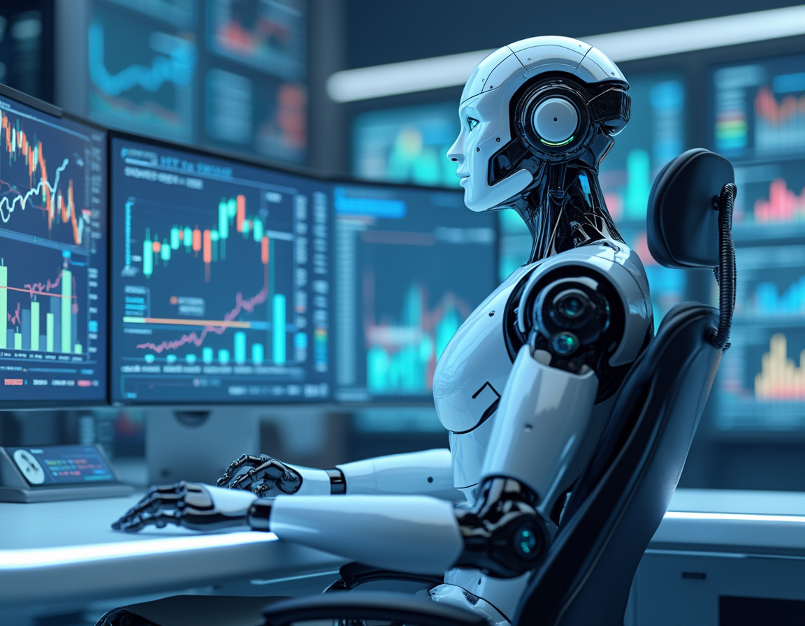 A hyper-realistic AI trading bot at a sleek workstation analyzing market data on multiple screens.