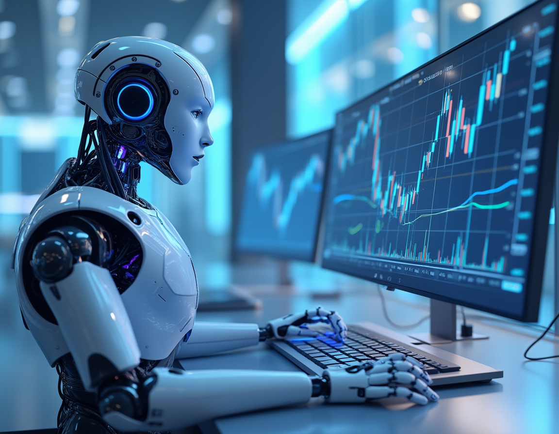 A hyper-realistic AI trading bot at a workstation, analyzing market data on multiple screens in 3D.