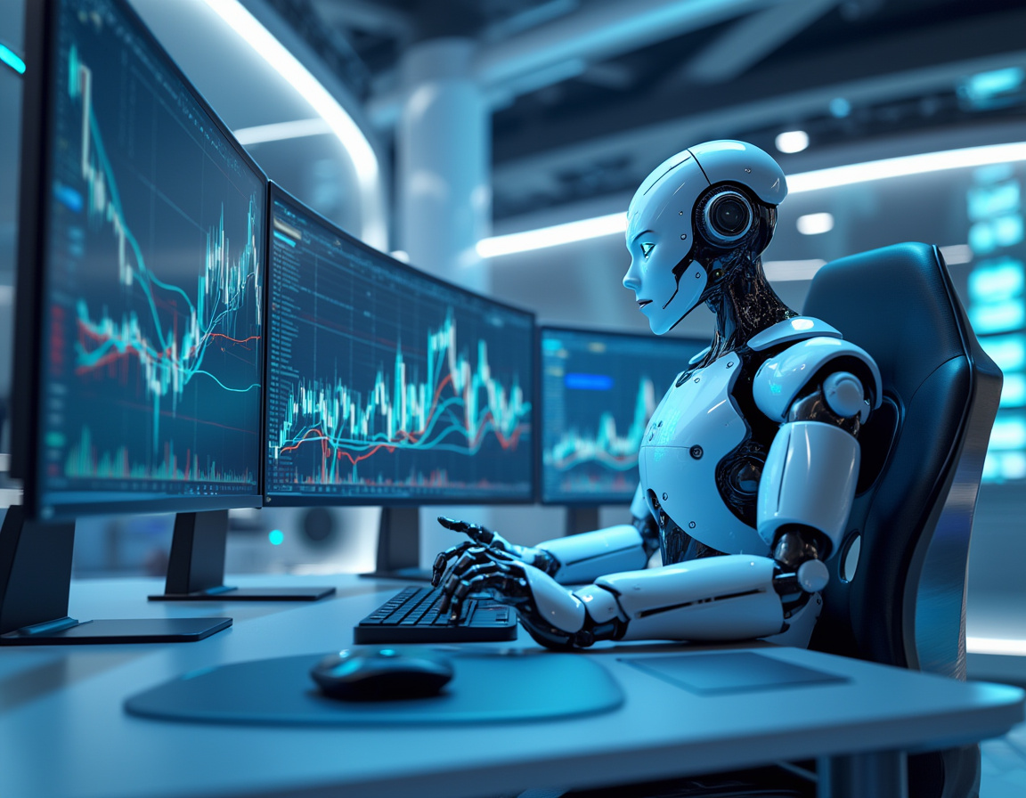 A humanoid AI trading bot analyzing market data at a high-tech workstation with multiple screens.