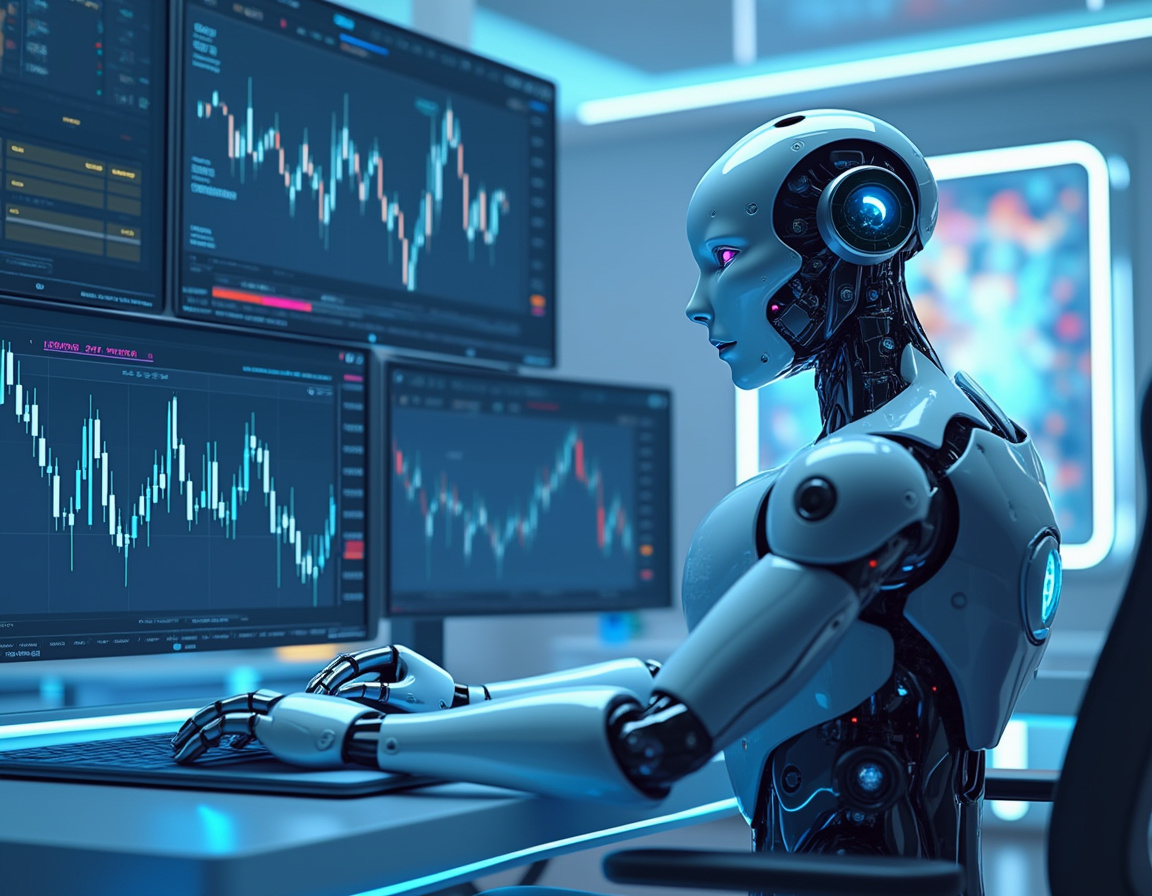 A humanoid AI trading bot at a high-tech workstation, analyzing market data on multiple screens.