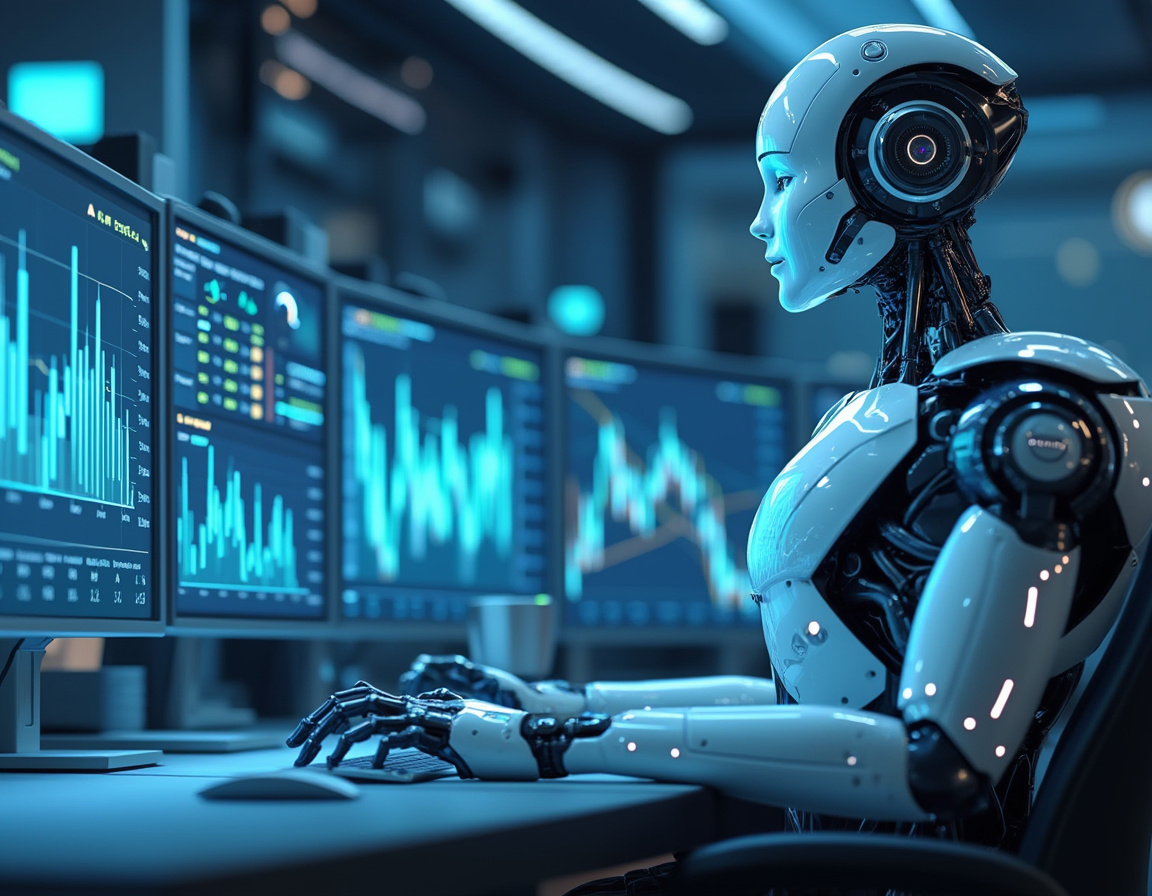 A hyper-realistic AI trading bot analyzes market data at a sleek workstation with multiple screens.