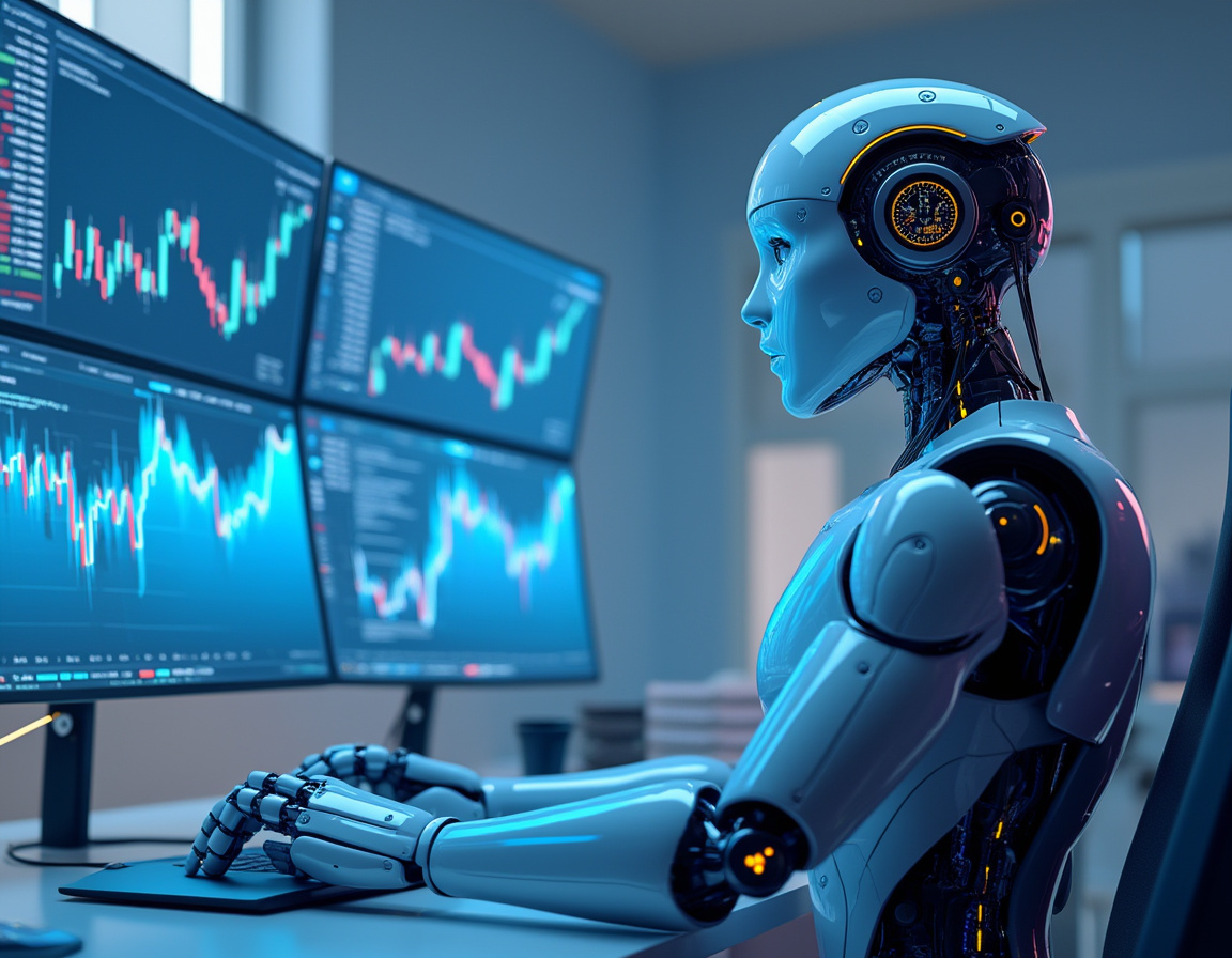 A hyper-realistic AI trading bot at a futuristic workstation analyzing stock and crypto market data.