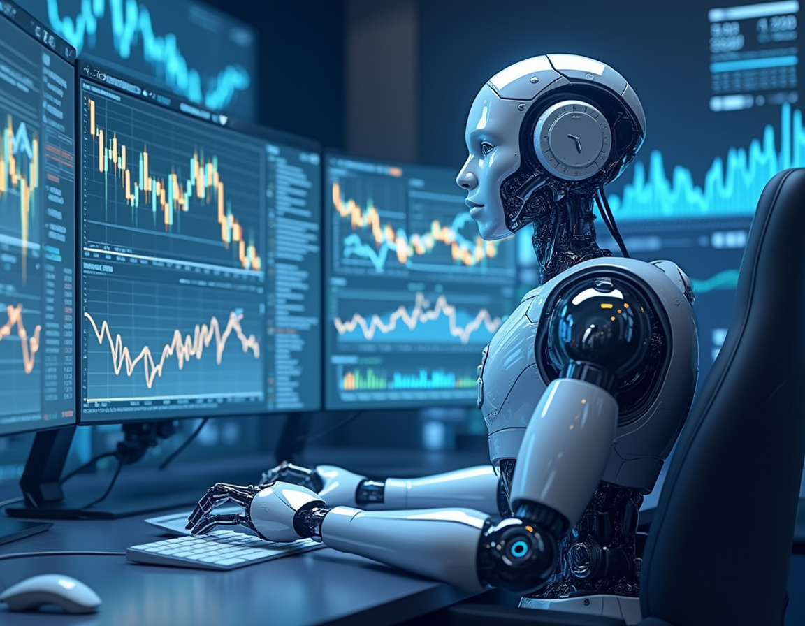 A hyper-realistic AI trading bot at a futuristic workstation analyzing stock and crypto market data.