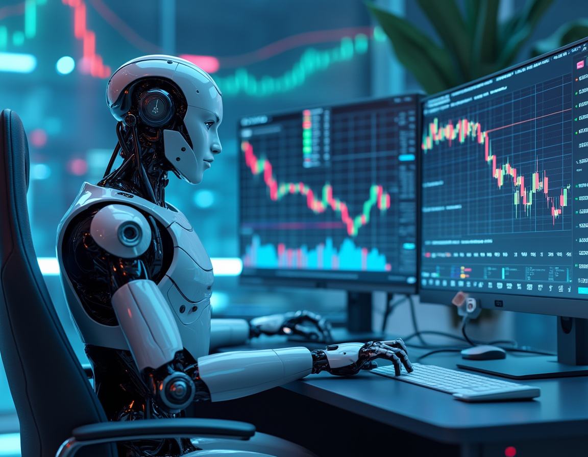 A humanoid AI trading bot analyzing market data at a high-tech workstation with multiple screens.