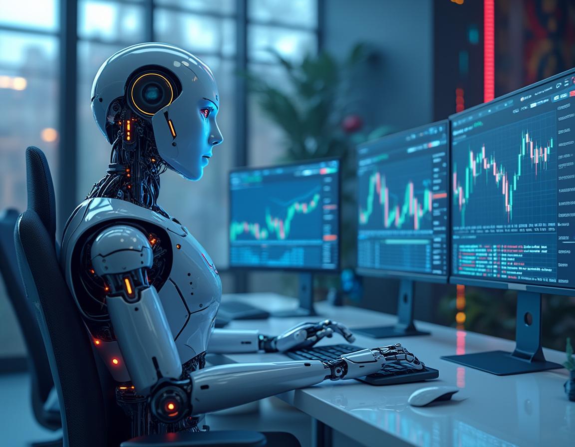 A hyper-realistic AI trading bot in a futuristic setting, analyzing market data on multiple screens.