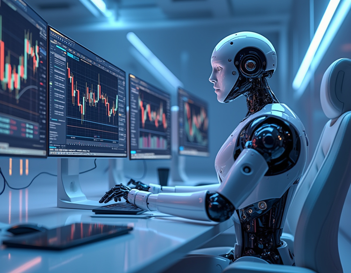 A hyper-realistic AI trading bot at a workstation analyzing market data on multiple glowing screens.