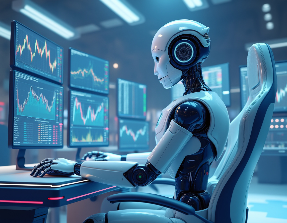 A hyper-realistic AI trading bot analyzes data in a futuristic workspace with multiple screens.