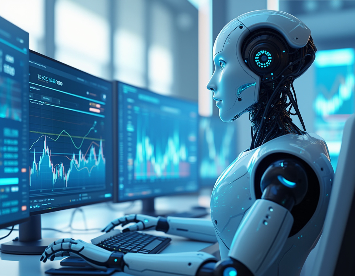 A humanoid AI trading bot at a high-tech workstation analyzing market data on glowing screens.