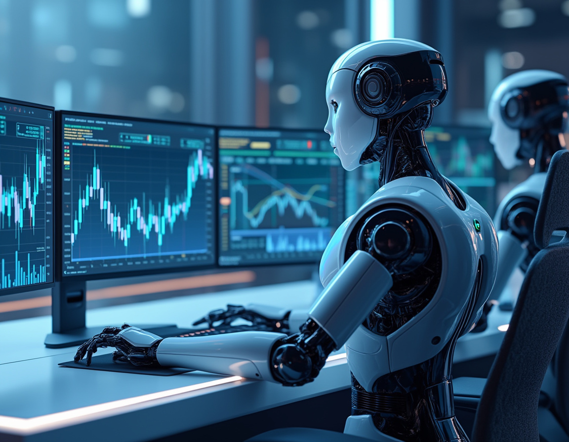 A futuristic AI trading bot at a high-tech workstation analyzing market data on multiple screens.